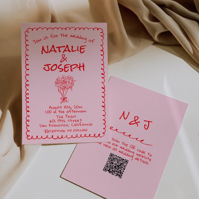Invitation Hand Drawn Pink Red Retro QR Code Wedding (Créateur téléchargé)