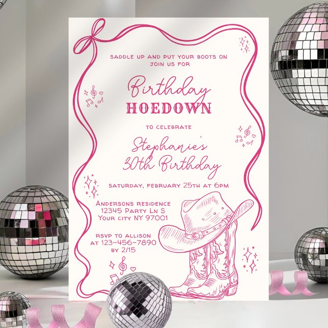 Invitation Hand Drawn Pink Western Birthday Hoedown Party (Créateur téléchargé)