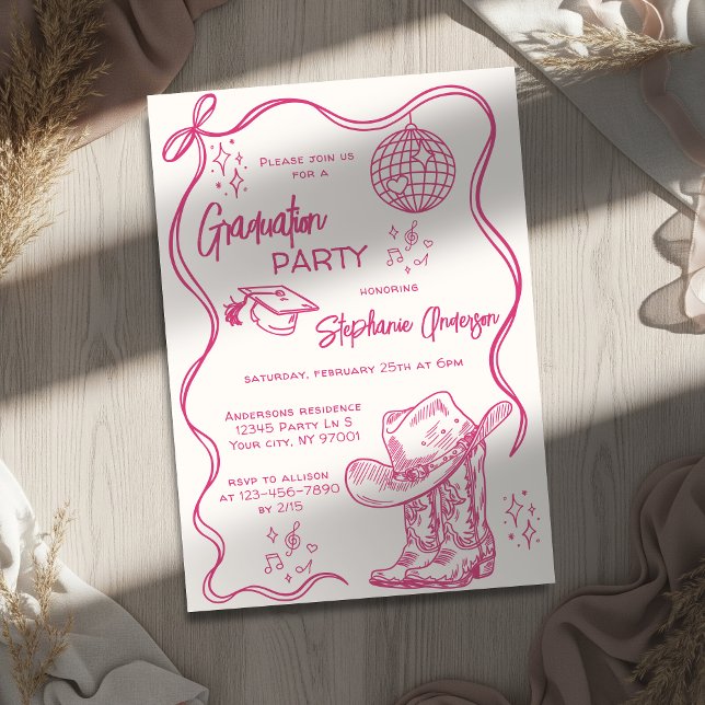 Invitation Hand Drawn Pink Western Disco Graduation Party (Créateur téléchargé)