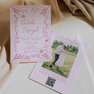 Invitation Hand Drawn QR Code Floral Garden Photo Wedding