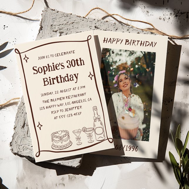 Invitation Hand Drawn Red & Cream 30TH Birthday Photo  (Créateur téléchargé)