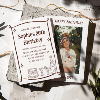 Invitation Hand Drawn Red & White 30TH Birthday Photo 