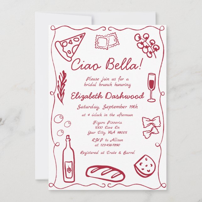Invitation Hand Drawn Retro Red Italian Casual Bridal Brunch (Devant)
