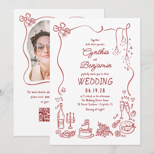 Invitation Hand Drawn Retro Whimsical Burgundy Wedding Photo (Devant / Derrière)