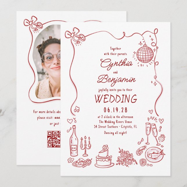 Invitation Hand Drawn Retro Whimsical Burgundy Wedding Photo (Devant / Derrière)