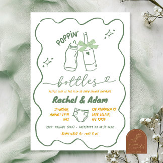 Invitation Hand Drawn Sage Green Poppin Bottles Baby Shower