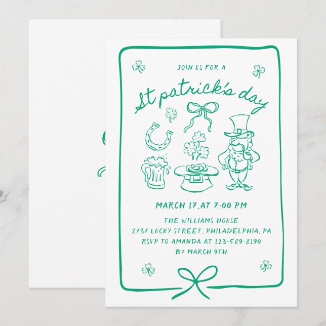 Invitation Hand Drawn Scribble Doodles Bow St Patrick's Day  (Devant / Derrière)