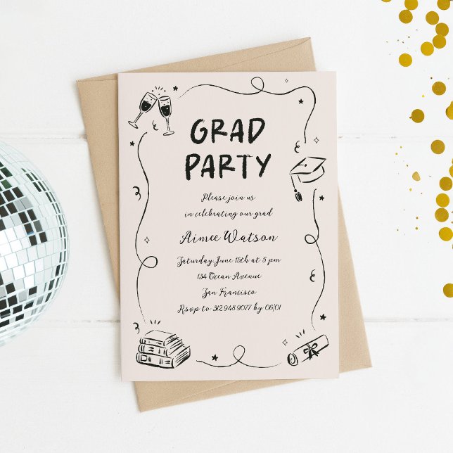 Invitation Hand-Drawn Scribble Doodles Graduation Party  (quirky graduation party invitation with whimsical doodles)