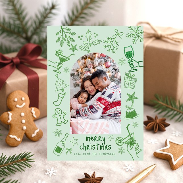 Invitation Hand Drawn Scribbly Glitter Green Merry Christmas  (Créateur téléchargé)