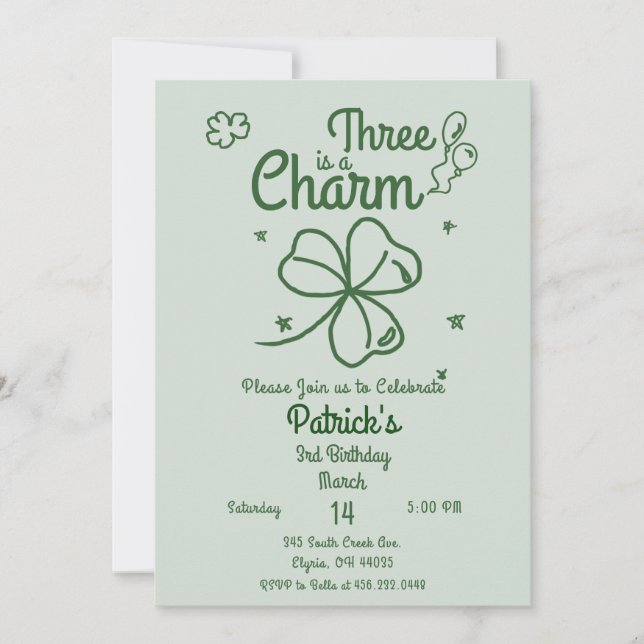 Invitation Hand Drawn Shamrock Any Age Birthday (Devant)