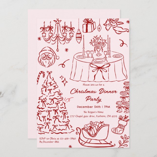 Invitation Hand Drawn Squiggle Doodles Christmas Party Invita (Devant / Derrière)