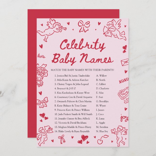 Invitation Hand Drawn Valentine Celebrity Baby Name Game (Devant / Derrière)