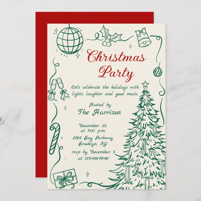 Invitation Hand Drawn Whimsical Christmas Holiday Party (Devant / Derrière)