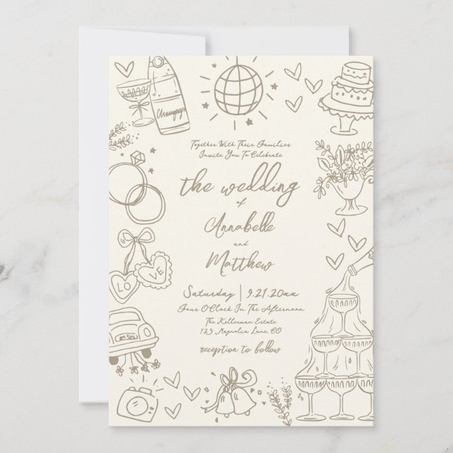 Invitation Hand Drawn Whimsical Vintage Wedding (Devant)