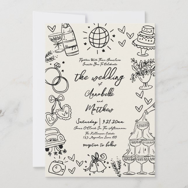 Invitation Hand Drawn Whimsical Vintage Wedding (Devant)