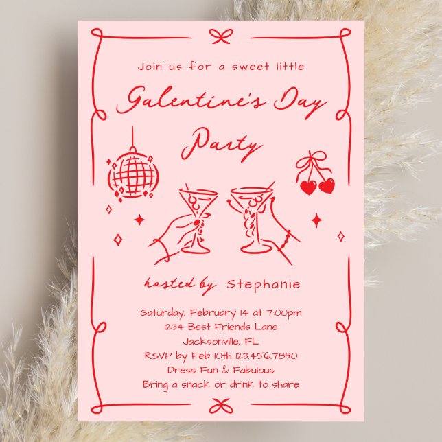 Invitation Hand Drawn Whimsy Pink & Red Galentine's Day Party (Créateur téléchargé)