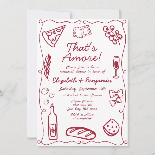 Invitation Hand Drawn Wine Red Retro Italian Rehearsal Dinner (Devant)