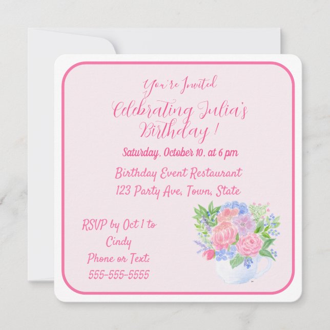 Invitation Handpainted Watercolor Flowers HAPPY BIRTHDAY  (Devant)