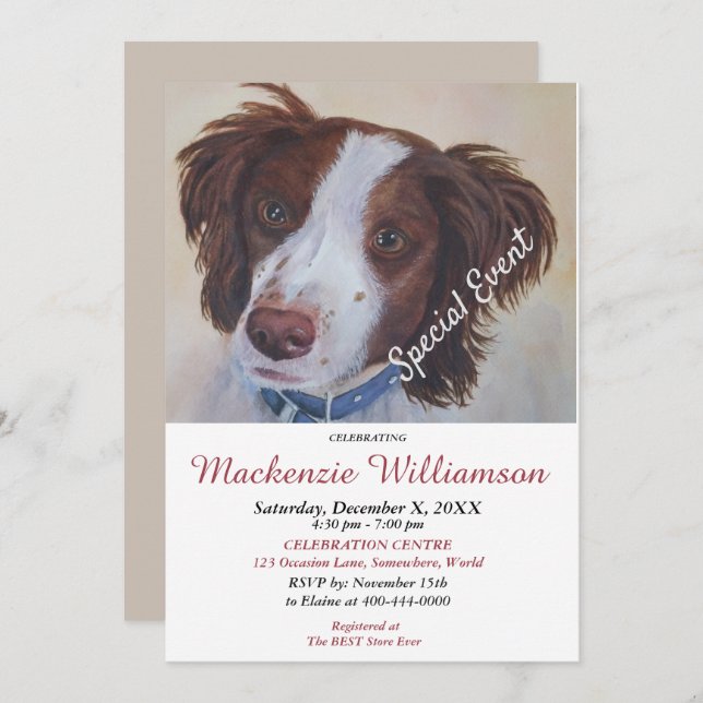 INVITATION HANDSOME SETTER PUPPY SOUHAITE HEUREUX ANNIVERSAIR (Devant / Derrière)
