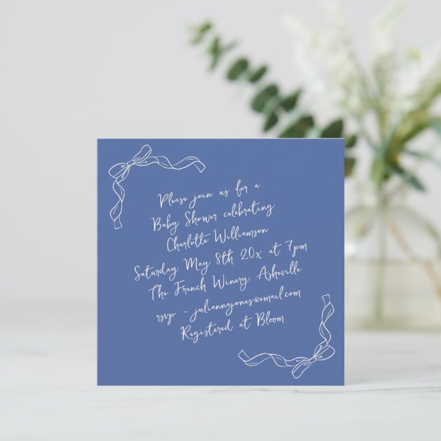 Invitation Handwritten Coquette Bow Blue Bridal Shower Square (Debout devant)