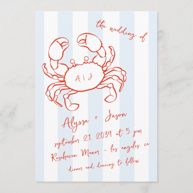 Invitation Handwritten Lobster Nautical Red Blue Wedding (Devant)
