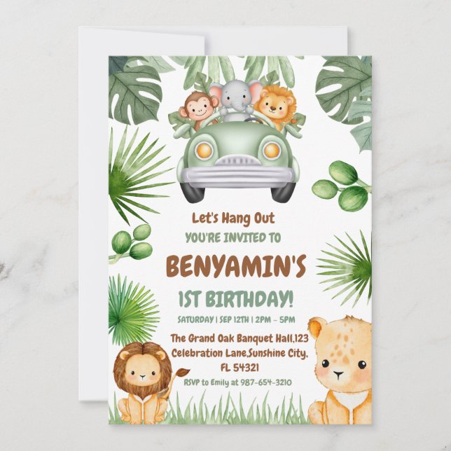 Invitation Hang OuT Bébé Lion verdure Premier anniversaire (Devant)
