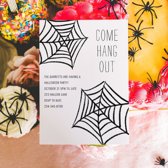 Invitation Hang Out Spider Web Illustration Halloween Party (Come Hang Out - Spider web illustrations Halloween party invitation.)