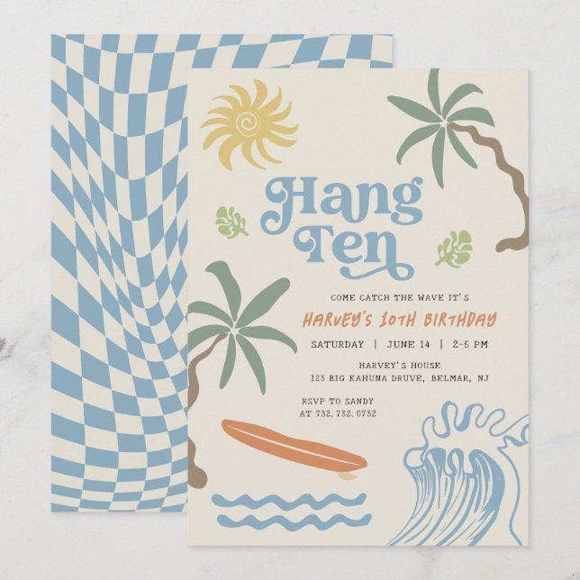 Invitation Hang Ten Retro Surf 10e Anniversaire (Devant / Derrière)