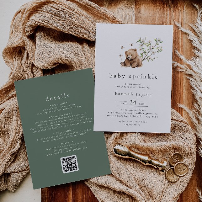 Invitation HANNAH QR Bear Bubble Bee Woodland Baby Sprinkel (HANNAH QR Bear Bubble Bee Woodland Baby Sprinkle Invitation)