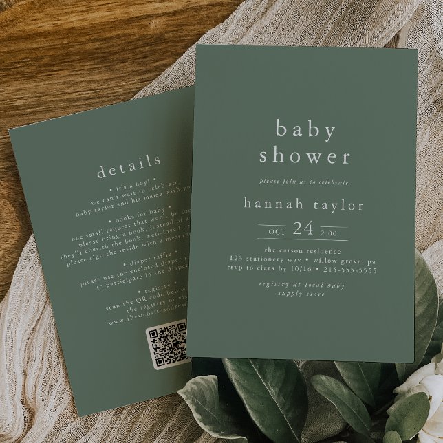 Invitation HANNAH Sage rustique Vert QR Baby shower simple (HANNAH Rustic Sage Green QR Simple Baby Shower Invitation)