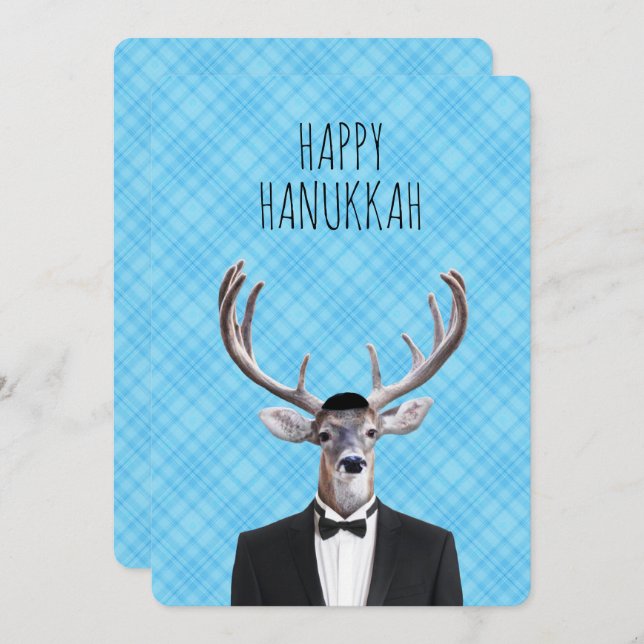 Invitation Hanoukka Deer avec Tux et Yarmulke (Devant / Derrière)
