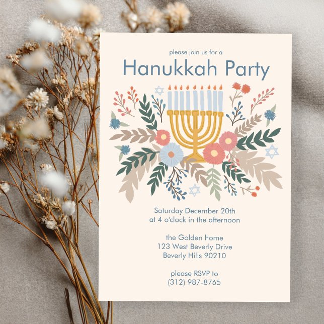 Invitation Hanoukka FLorals Art dessiné à la main (Hanukkah FLorals Hand-drawn Art CUSTOM Party Invitation
)