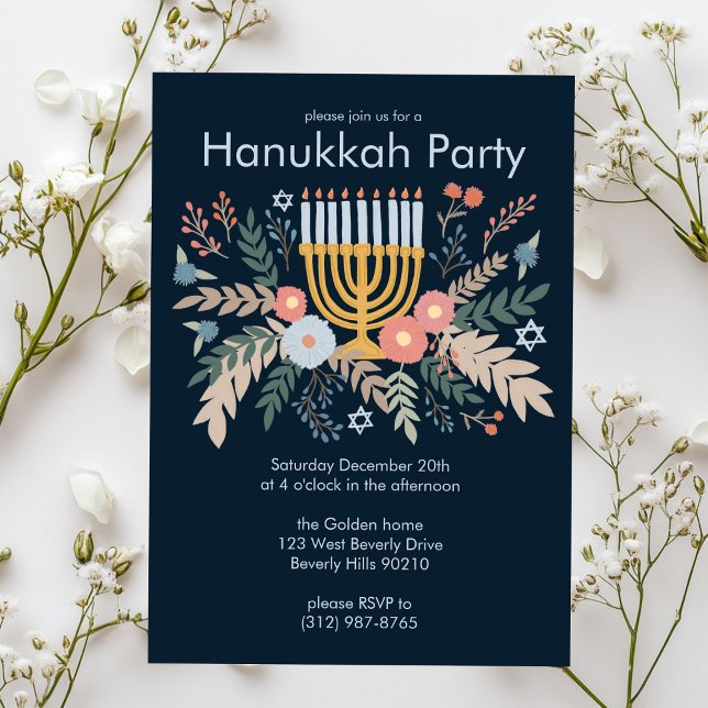 Invitation Hanoukka FLorals Art dessiné à la main (Hanukkah FLorals Hand-drawn Art CUSTOM Party Invitation
)