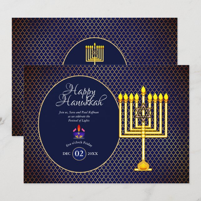 Invitation Hanoukka Party Blue Gold Menorah 3 (Devant / Derrière)