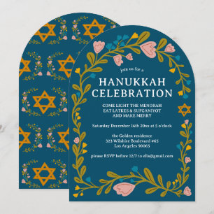 Invitation HANOUKKA PARTY Floral Wreath Custom dessiné à la m