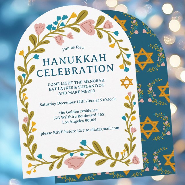 Invitation HANOUKKA PARTY Floral Wreath Custom dessiné à la m (HANUKKAH PARTY Floral Wreath Hand-drawn Custom Arch Invitation
)
