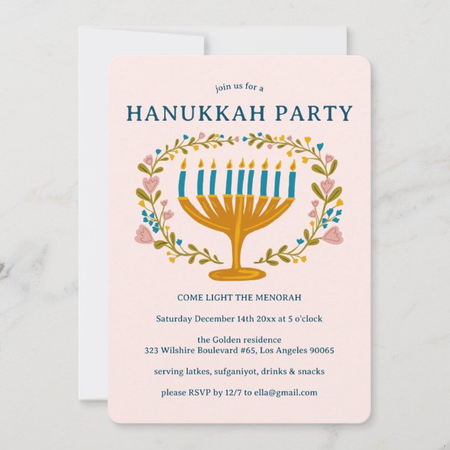 Invitation HANOUKKA PARTY Menorah couronne florale CUSTOM (Devant)