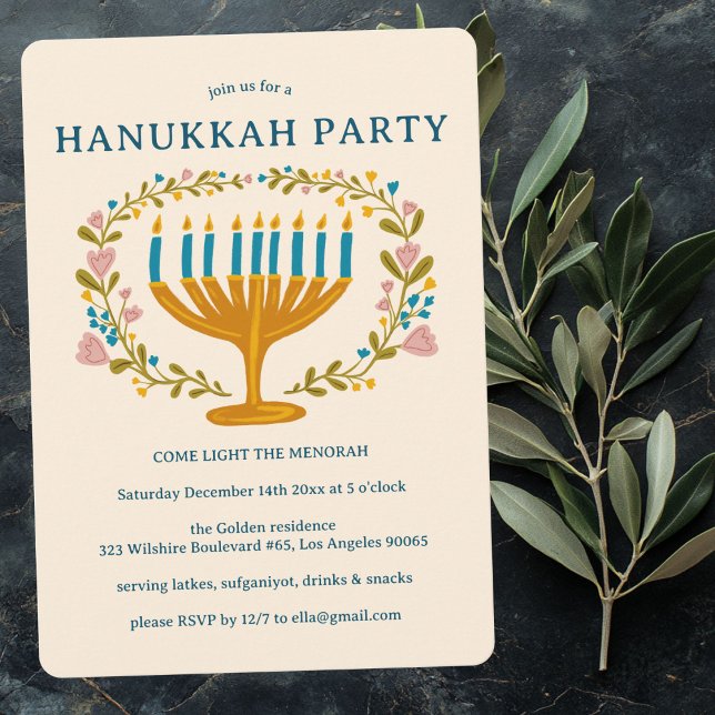 Invitation HANOUKKA PARTY Menorah couronne florale CUSTOM (HANUKKAH PARTY Menorah floral wreath CUSTOM Invitation
)