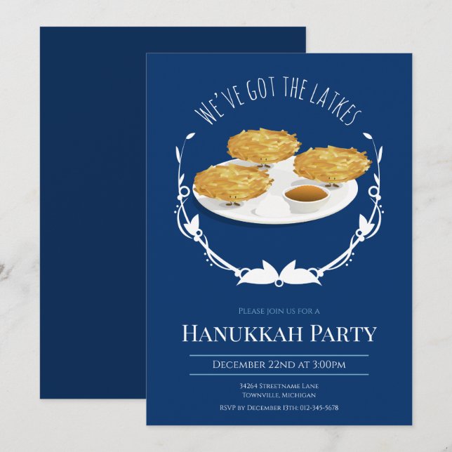 Invitation Hanoukka Party Smiling Latkes Blue White Holiday (Devant / Derrière)