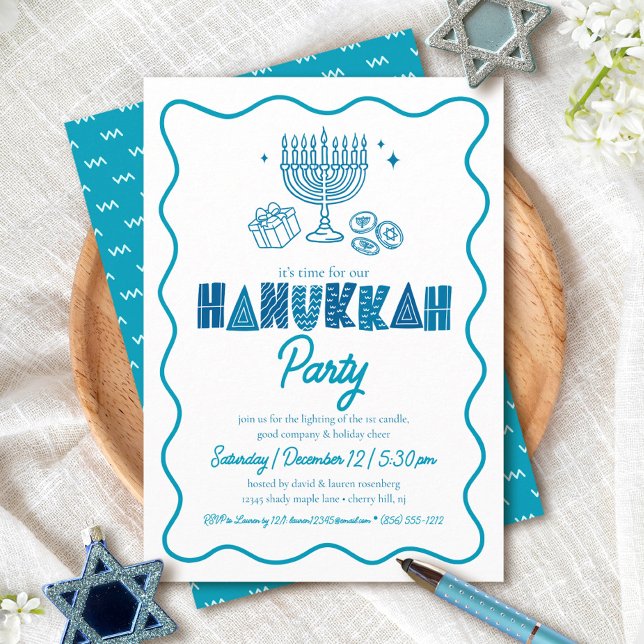 Invitation Hanukkah blanc Typographie Turquoise Doodle Fête (Créateur téléchargé)