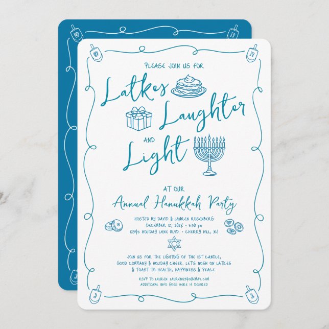 Invitation Hanukkah Latke Laughter Light Whimsical Fun Doodle (Devant / Derrière)