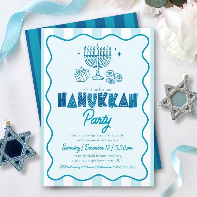 Invitation Hanukkah Turquoise Fun Typography Doodles Stripes (Créateur téléchargé)