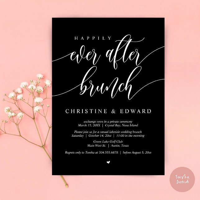 Invitation Happily Ever After Elopement Brunch, Élégant Noir (Happily Ever After Elopement Brunch Invitation Card, Post-wedding, PDF, in Classy Black)