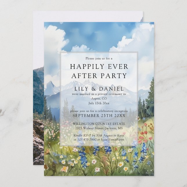 Invitation Happily Ever After Floral Mountain Wedding Photo (Devant / Derrière)