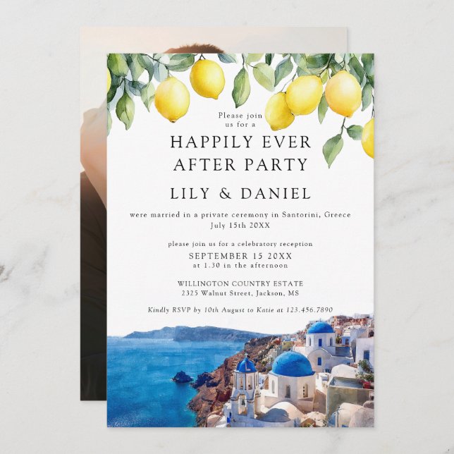Invitation Happily Ever After Lemons Santorini Photo Wedding (Devant / Derrière)
