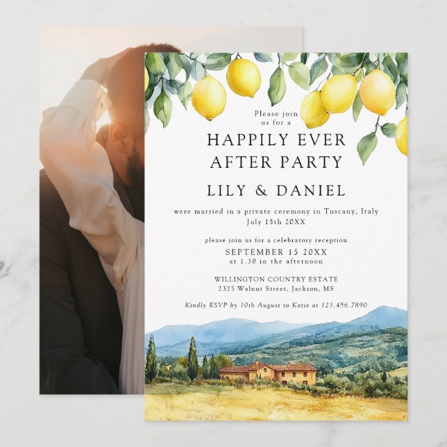 Invitation Happily Ever After Lemons Tuscany Photo Wedding (Devant / Derrière)