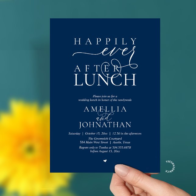 Invitation Happily Ever After Lunch Modern Wedding Elopement (Happily Ever After Lunch Modern Wedding Elopement Invitation Card in navy blue)