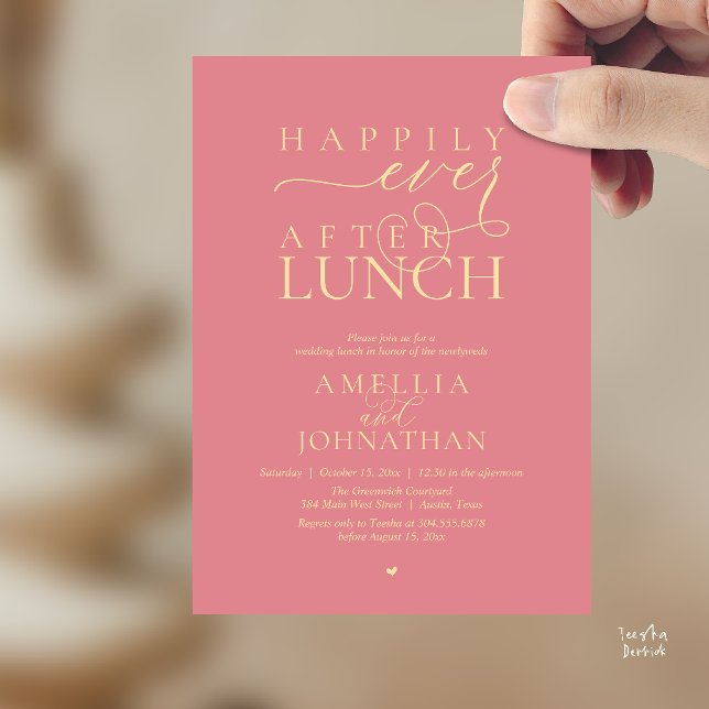 Invitation Happily Ever After Lunch Modern Wedding Elopement (Happily Ever After Lunch Modern Wedding Elopement Invitation Card in dusty rose pink)