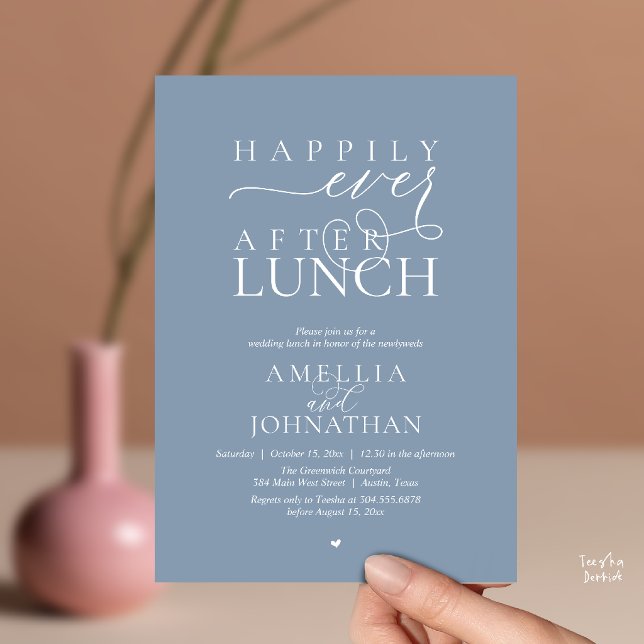 Invitation Happily Ever After Lunch Modern Wedding Elopement (Happily Ever After Lunch Modern Wedding Elopement Invitation Card in dusty blue)