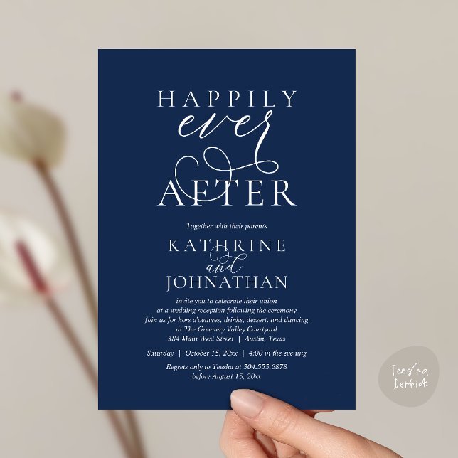 Invitation Happily Ever After, Modern Wedding Reception (Happily Ever After, Modern Wedding Reception hors d'oeuvres Drinks Dancing Invites Card Navy Blue)